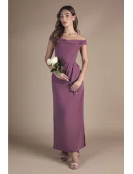 Crepe Bardot Ruched Maxi Bridemsaids Dress