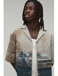 Oversized Car Tapestry Half Sleeve Shirt - stone - 2