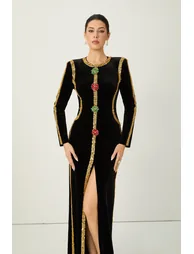 Dramatic Stunner Black Sequin Trim Crystal Brooch Velvet Maxi Dress - 5