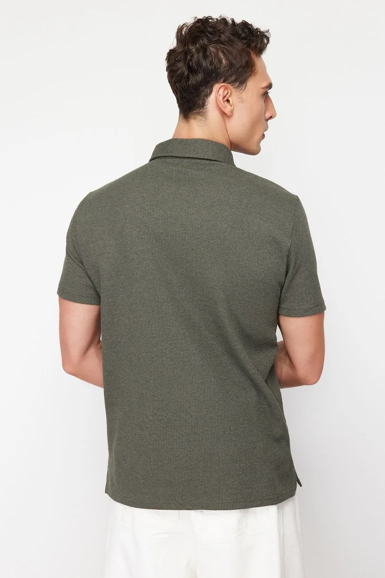Khaki Regular/Normal Cut Embroidered Textured Polo Collar T-Shirt - 4