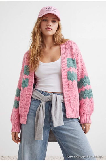 Pink Patterned Soft Textured Knitwear Cardigan