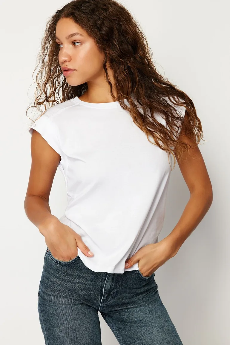 White Rib Detail Moon Sleeve Basic Knitted T-Shirt - 2