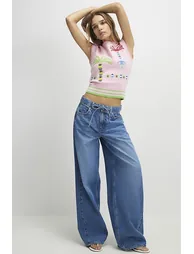 Pink Knitted Palm Tree Embroidered Tank Top