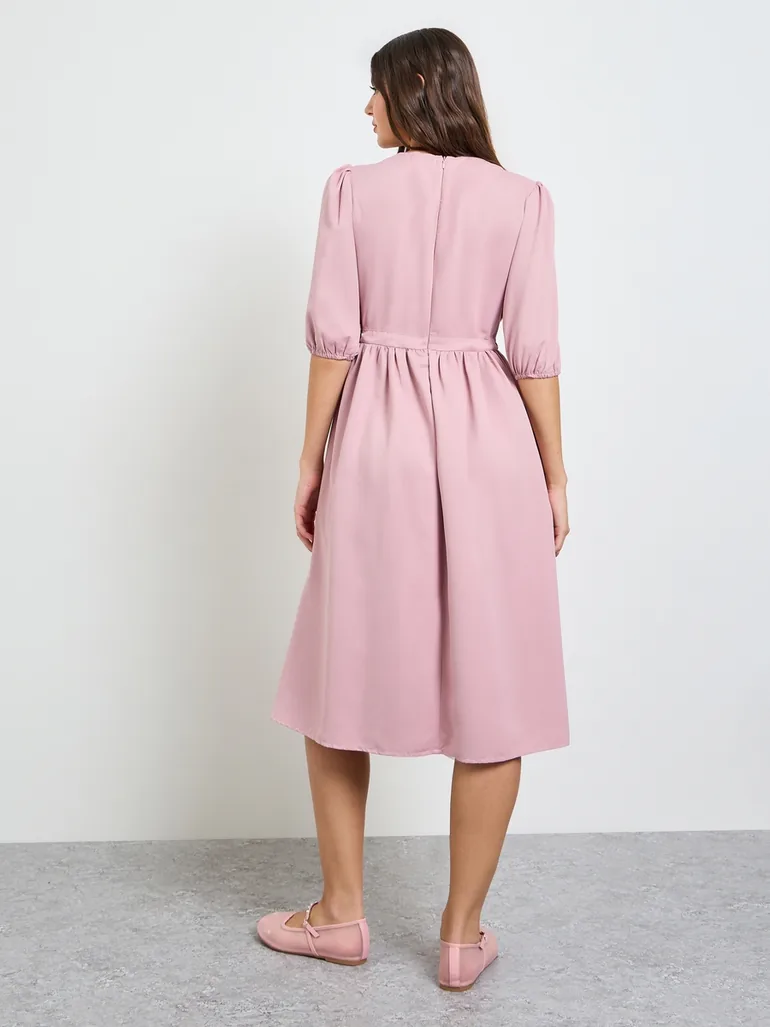 Pink Lace Trim A-Line Midi Dress - 3