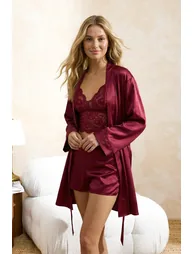 Burgundy Plain Satin Woven Pajama Set