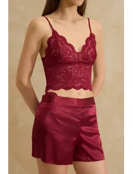 Burgundy Plain Satin Woven Pajama Set - 5