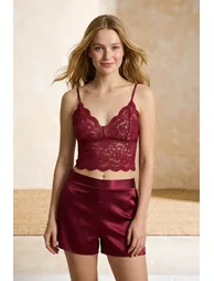 Burgundy Plain Satin Woven Pajama Set - 1