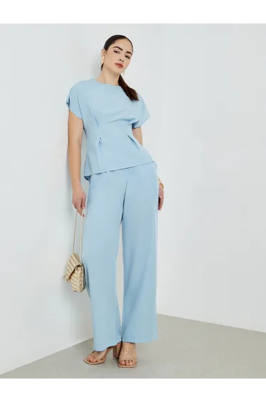 Blue Pleated Waist Top and Trousers Co-Ords