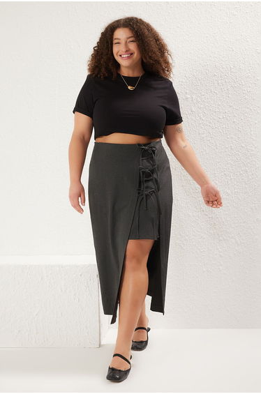 Anthracite Bow/Lace Midi Woven Plus Size Skirt