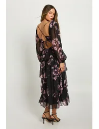 Floral Chiffon Plunge Ruffle Midaxi Dress - black - 1