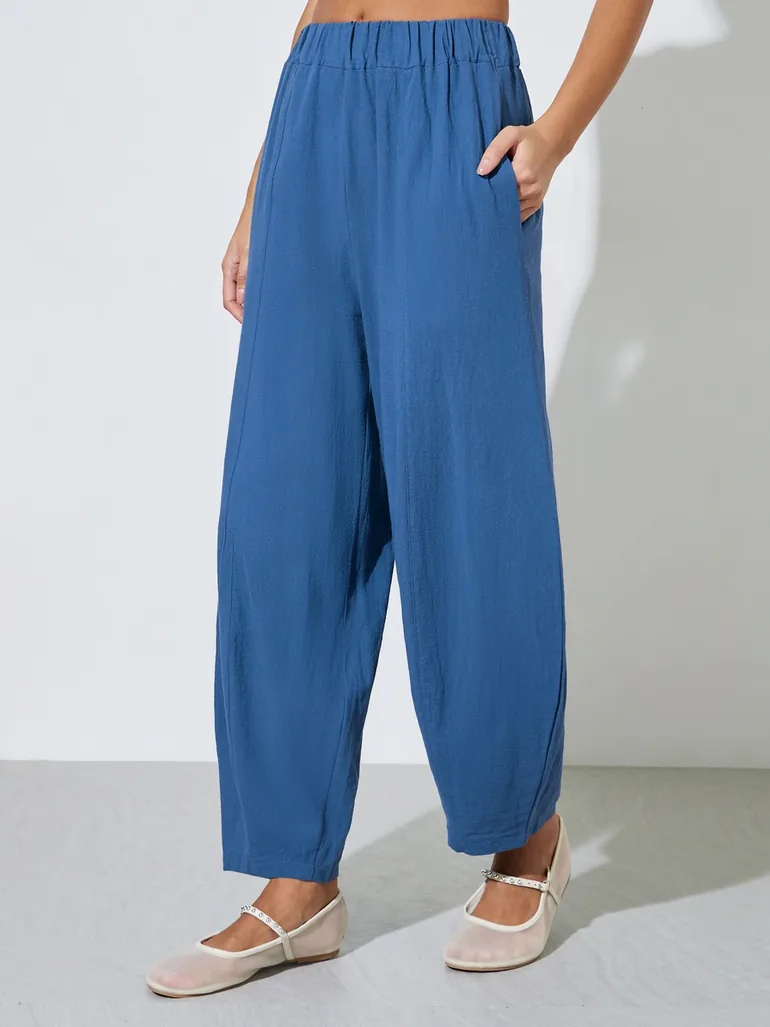 Navy Blue Textured Wide Leg Pleated Tapered Pants