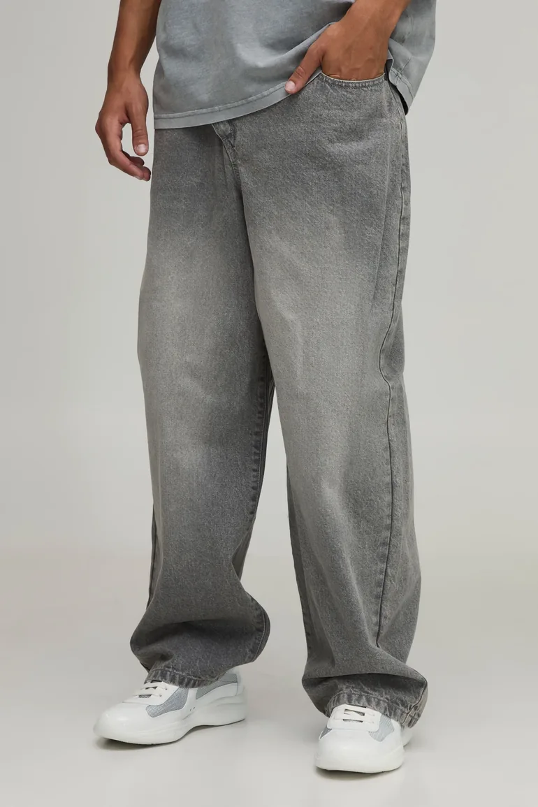 Cross Over Waist Baggy Fit Jeans - washed grey - 1