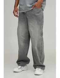 Cross Over Waist Baggy Fit Jeans - washed grey - 1