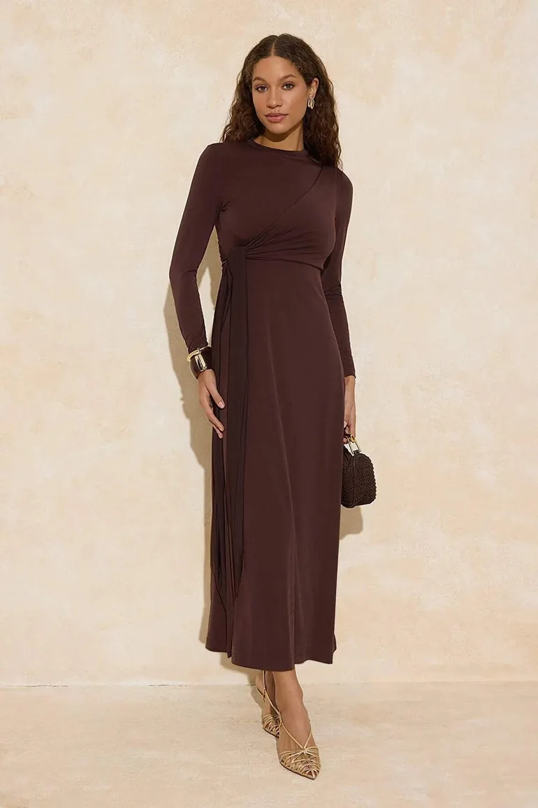 Brown Binding Detail Sandy Fabric Fitted Form Knitted Dress