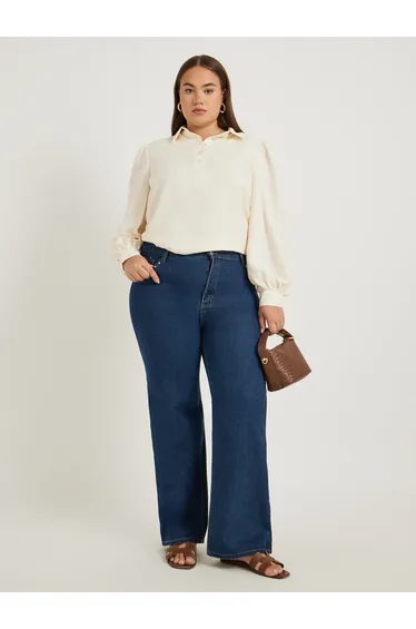 Plus Size Textured Balloon Sleeve Regular Fit Popover Shirt