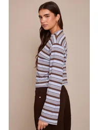 Blue Textured Stripe Detail Long Sleeve Top - 1