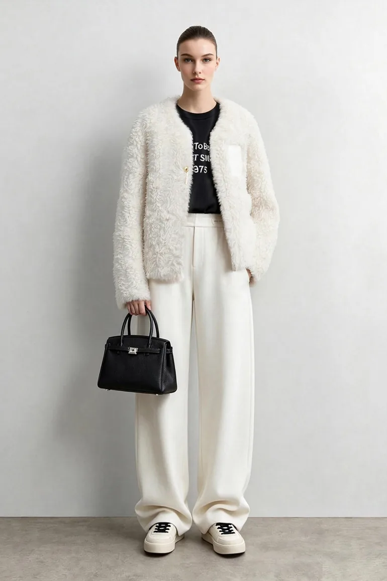 V-Neck Faux Fur with Leather Patch Pockets