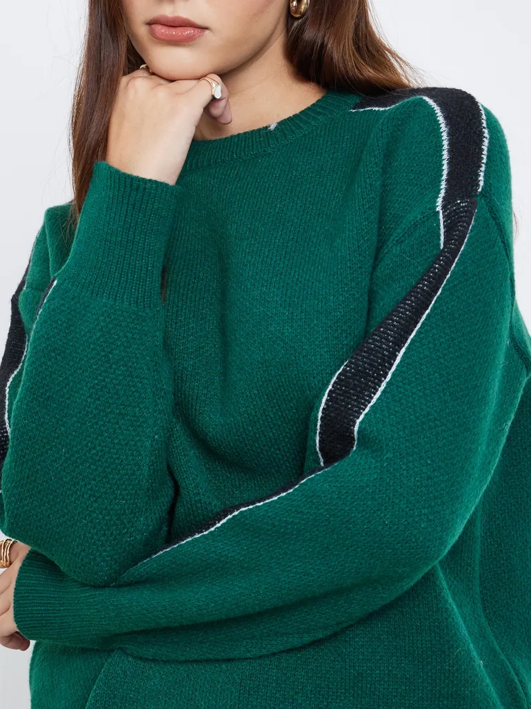 Dark Green Regular Fit Sweater with Side Striped - 3
