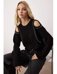 Black Shoulder Cut Out/Window Detailed Pearl Embroidered Knitwear Sweater - 1