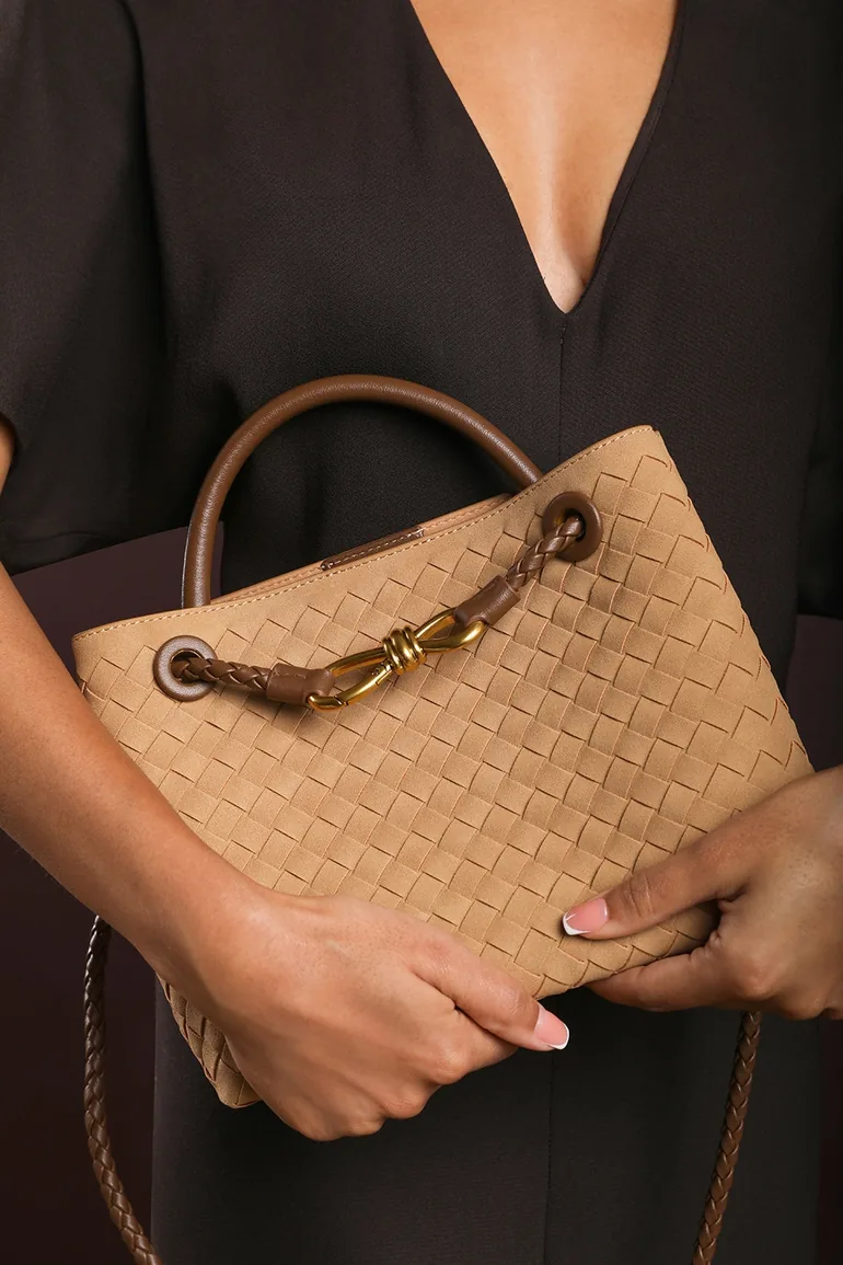Luna Woven Leather Tote bag with Gold Detail in Cognac Faux Suede - 6