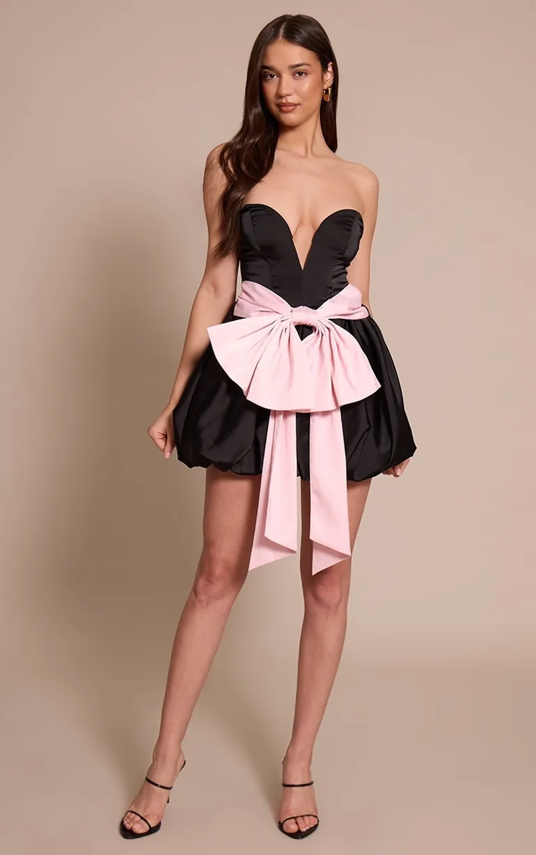 Black Plunge Oversized Contrast Bow Shift Dress - 2