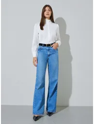 White Solid Ruffled Stand Collar Long Sleeve Shirt - 1