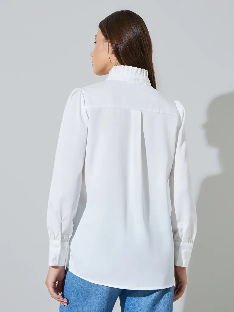 White Solid Ruffled Stand Collar Long Sleeve Shirt - 4