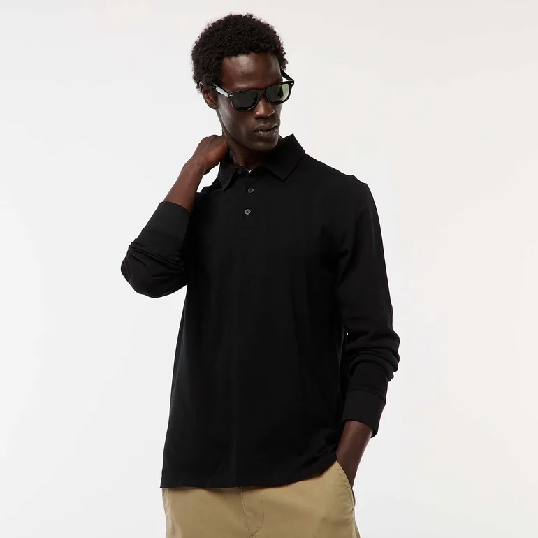 Plain long-sleeved piqué knit polo shirt BLACK - 1