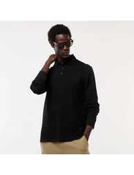 Plain long-sleeved piqué knit polo shirt BLACK - 1
