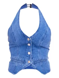 Mid Blue Wash Halterneck Denim Waistcoat - 4