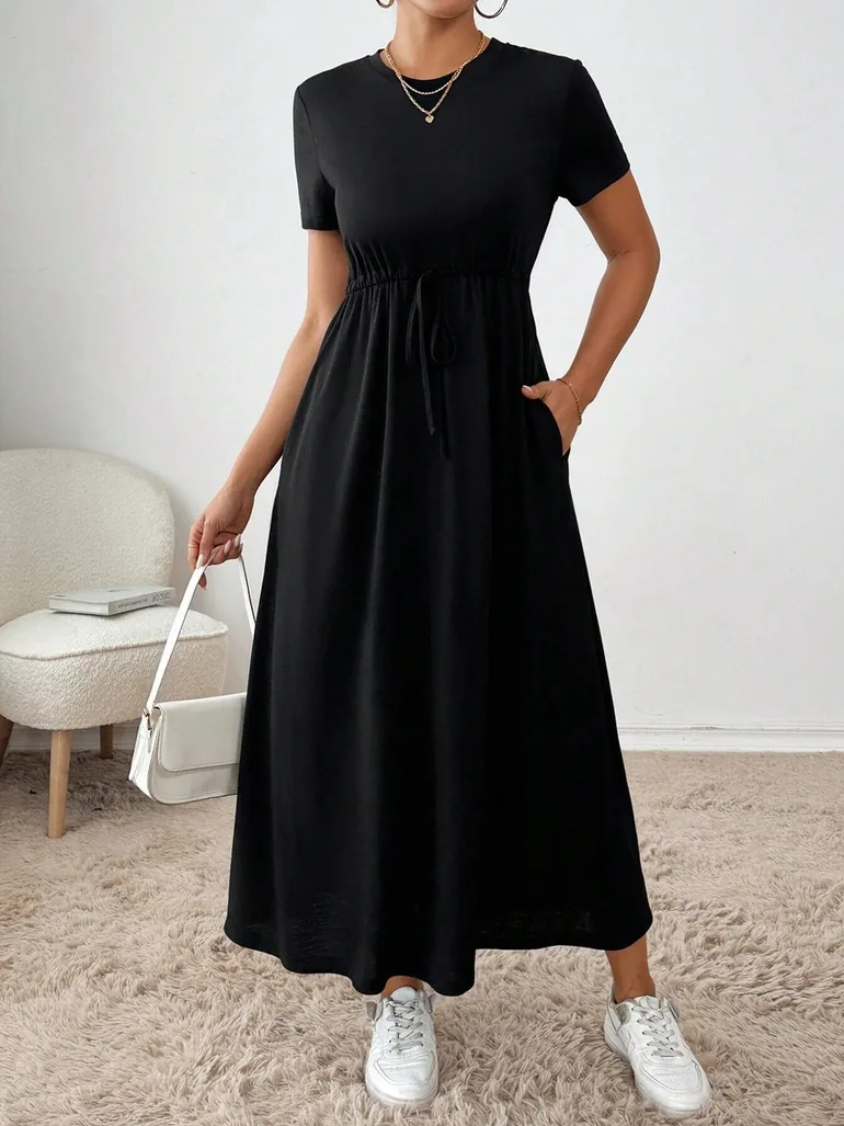 Solid Round Neck Short Sleeve A-Line Dress