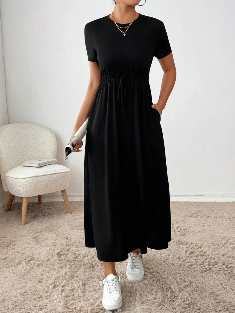Solid Round Neck Short Sleeve A-Line Dress - 4