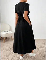 Solid Round Neck Short Sleeve A-Line Dress - 1