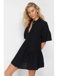 Black Chiffon A-Line Mini Smock Dress - 1