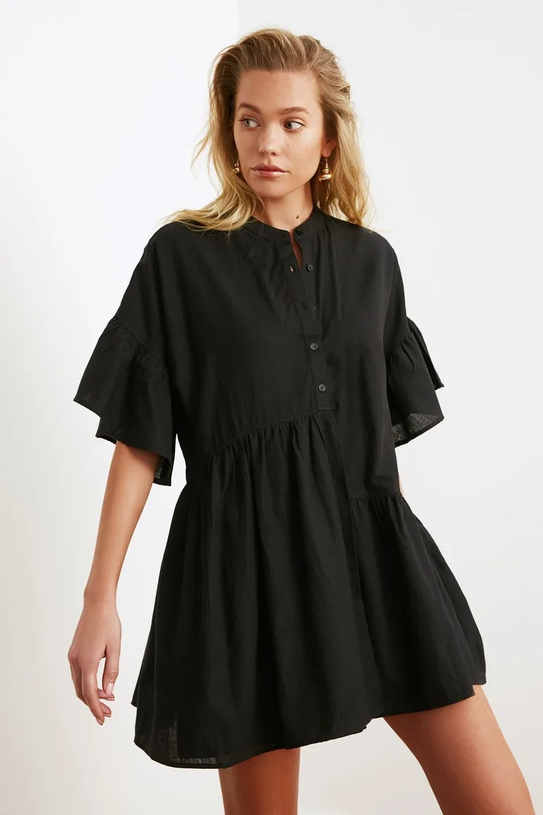 Black Chiffon A-Line Mini Smock Dress - 9