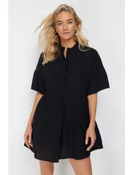 Black Chiffon A-Line Mini Smock Dress - 2