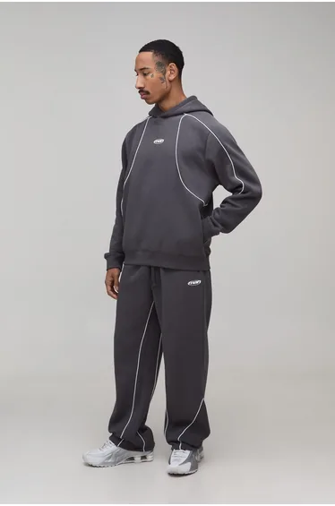 Regular Fit Man Hooded Tracksuit With Piping - charcoal