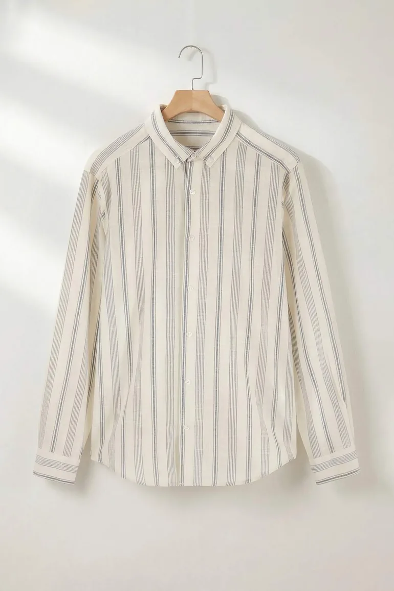 White Regular Fit Linen Look Striped Breathable Fabric Men's Shirt - 3