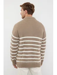 Mink FL Oversize Polo Neck Striped Knitwear Sweater - 3