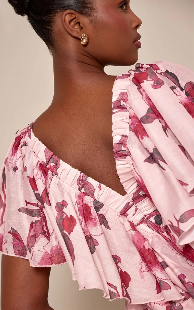 Pink Floral Printed Extreme Tiered V Neck Maxi Dress - 1