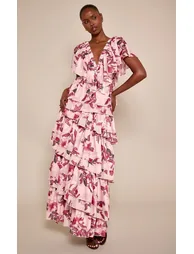 Pink Floral Printed Extreme Tiered V Neck Maxi Dress