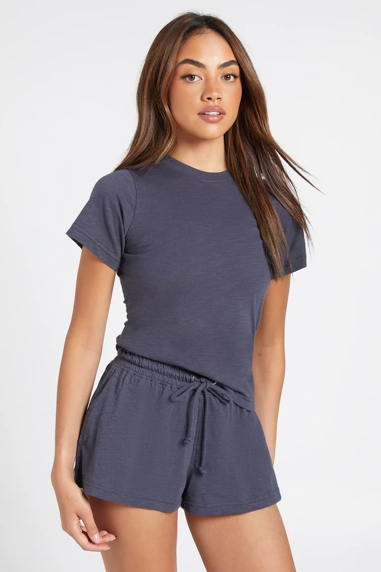 Sheer Slub Relaxed Wide Leg Short - charcoal