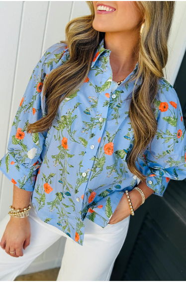 Lvness Sky Blue Floral Print Bracelet Sleeve Button Down Casual Shirt