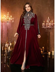 Plus Size Burgundy Sequin Maxi Dress with Bell Sleeves - 5