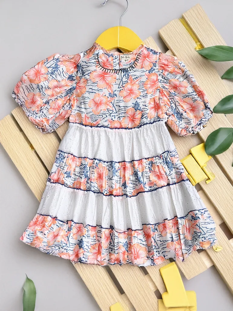 Floral Print Schiffli Tiered Dress with Balloon Sleeves