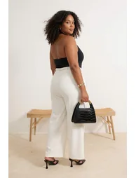 White Belted Pleated Wide Leg/Extra Wide Leg Woven Palazzo Trousers - 1