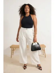 White Belted Pleated Wide Leg/Extra Wide Leg Woven Palazzo Trousers
