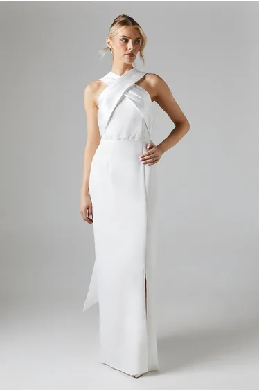 Ivory Cross Over Front Bow Back Bridal Floor LengthDress