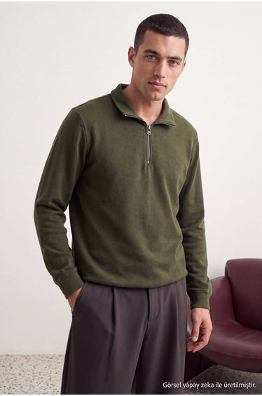 Khaki Regular/Normal Cut High Collar Brushed Thessaloniki Soft Tuşe Sweatshirt