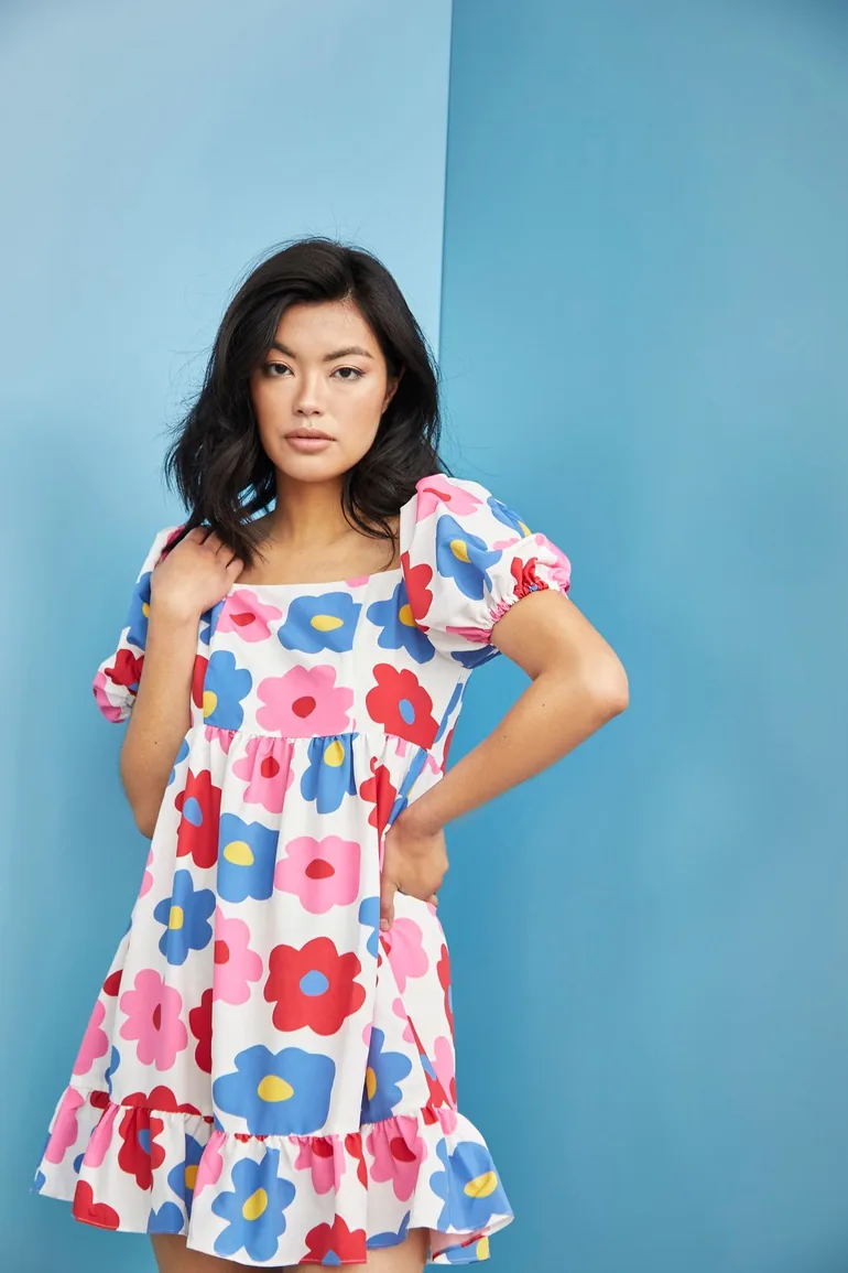 Glamorous Care Bright Large Floral Puff Shoulder Mini Dress - 3